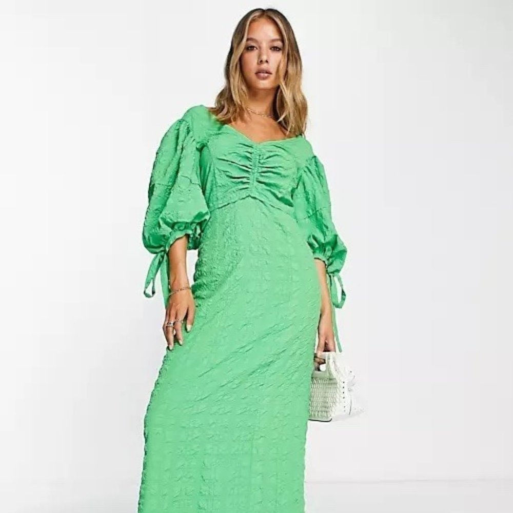 Topshop textured seersucker puff sleeve midi dress NWT